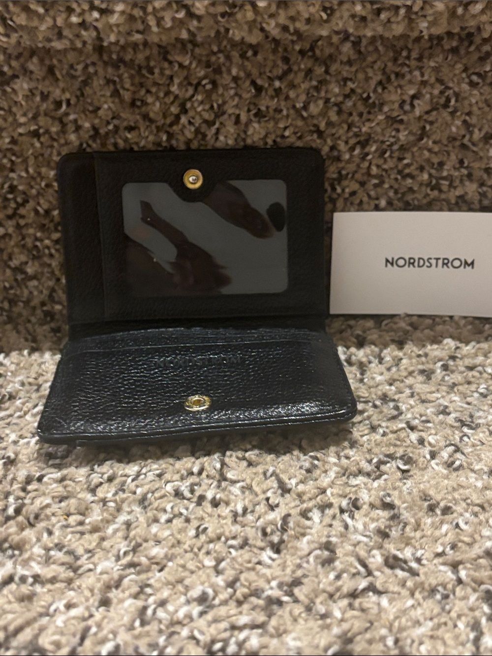 Nordstrom Black Leather ID Cardholder with Gold Snap